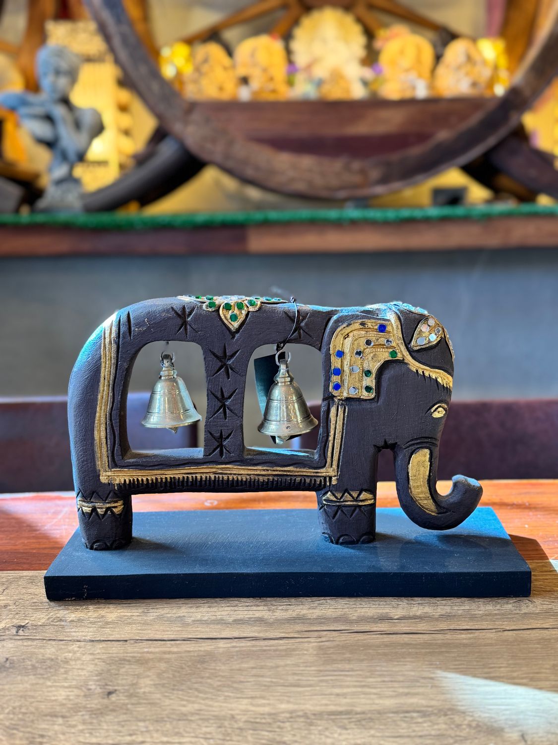 Hand Carved Wooden Elephant with Bells (L)