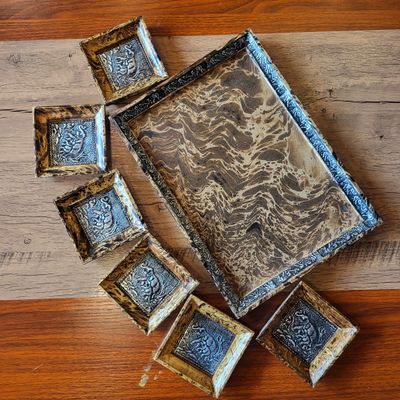 Handmade wooden tray and coasters set of 7