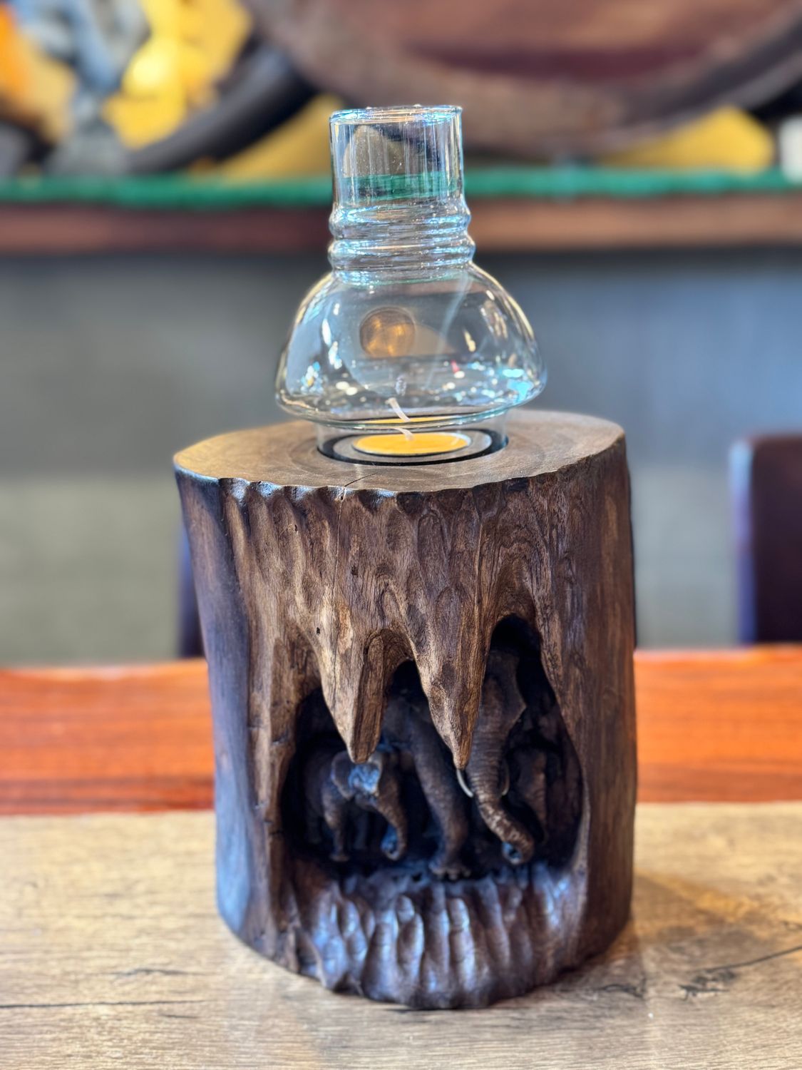 Wooden Elephant Family Tea Light Candle Holder