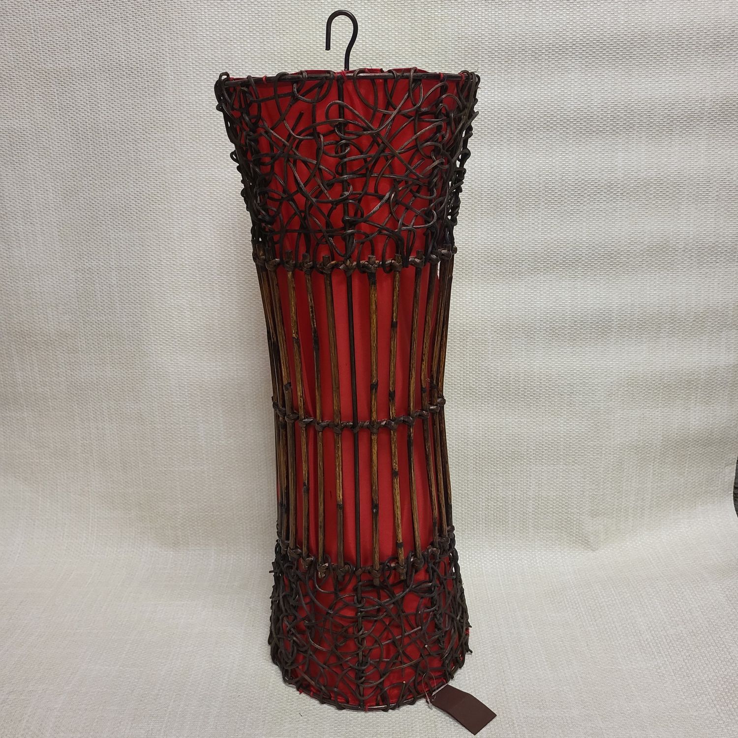 Handmade Ratan Lamp - Hanging red curved cylinder