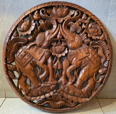 ​Handcrafted Wooden 3D Wall Art – Elephants and Lotus Design 62 cm