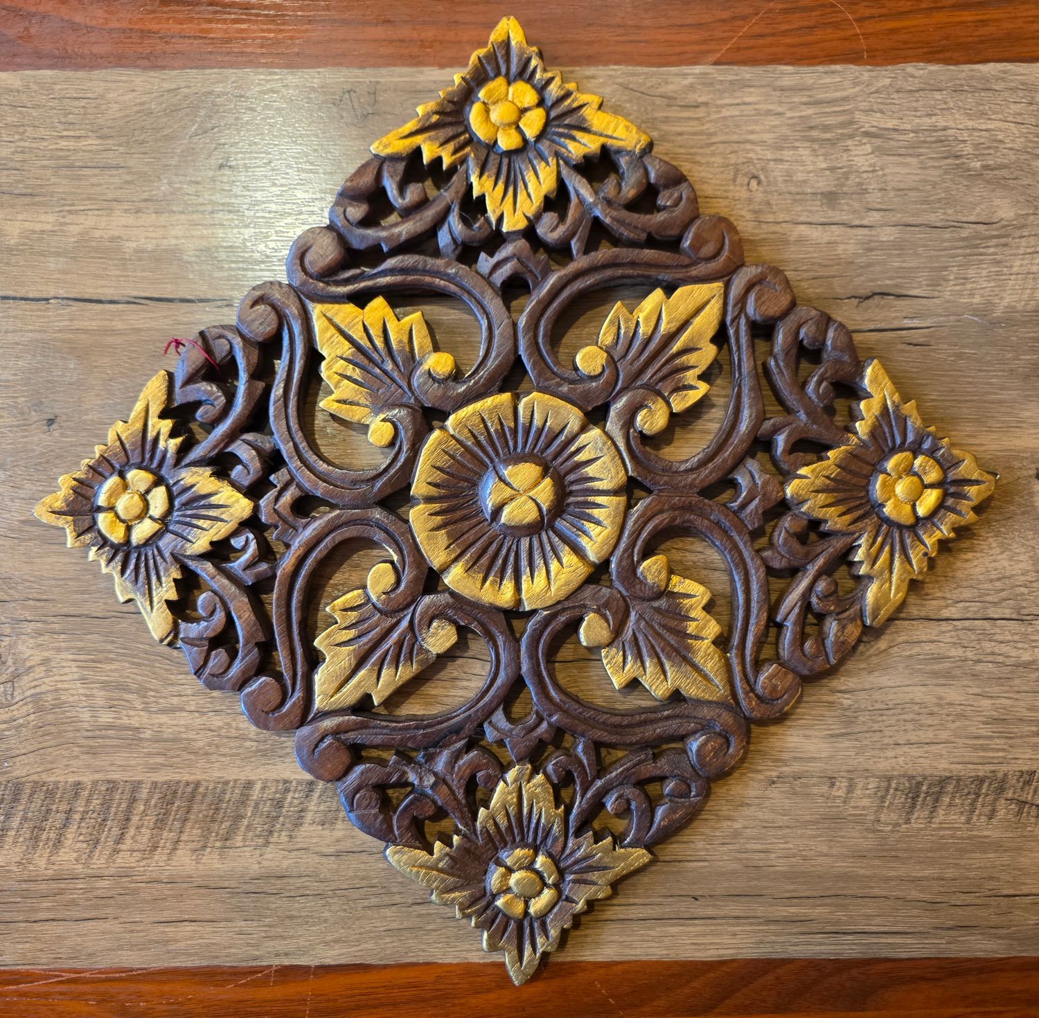 Handcrafted Wooden Wall Panel – Floral Diamond Design 31 cm