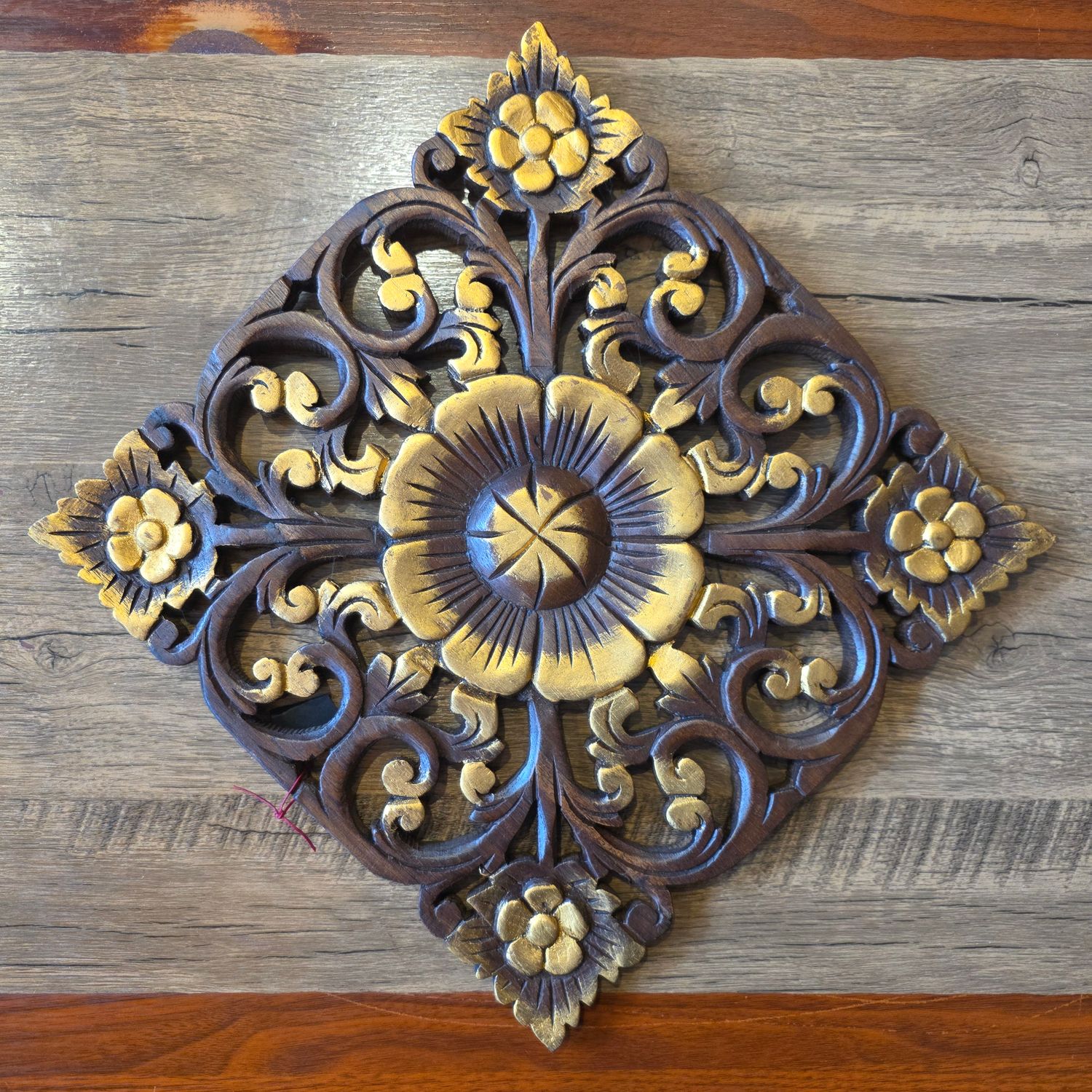 Handcrafted Wooden Wall Panel – Floral Diamond Design 31 cm