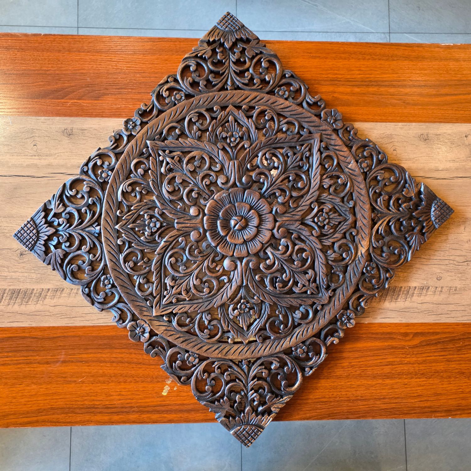 Handcrafted Wooden Wall Panel – Floral Mandala Design B 60 cm