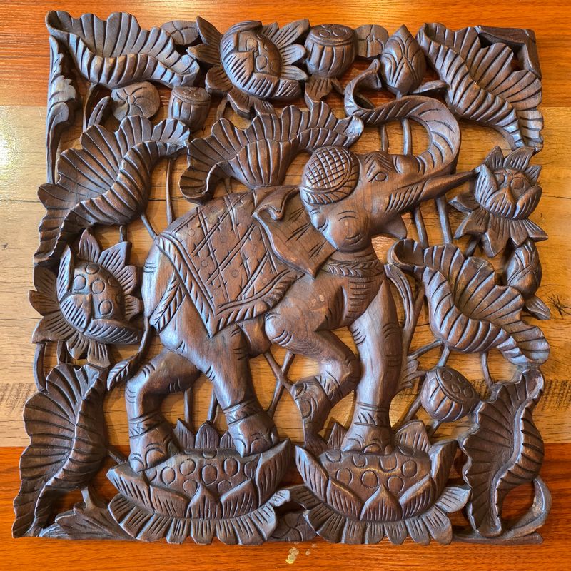 Hand carved Wooden Wall Plaque – Elephant and Lotus Design A 60 cm