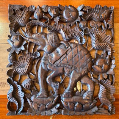Handcrafted Wooden Wall Panel – Elephant and Lotus Design B 60 cm
