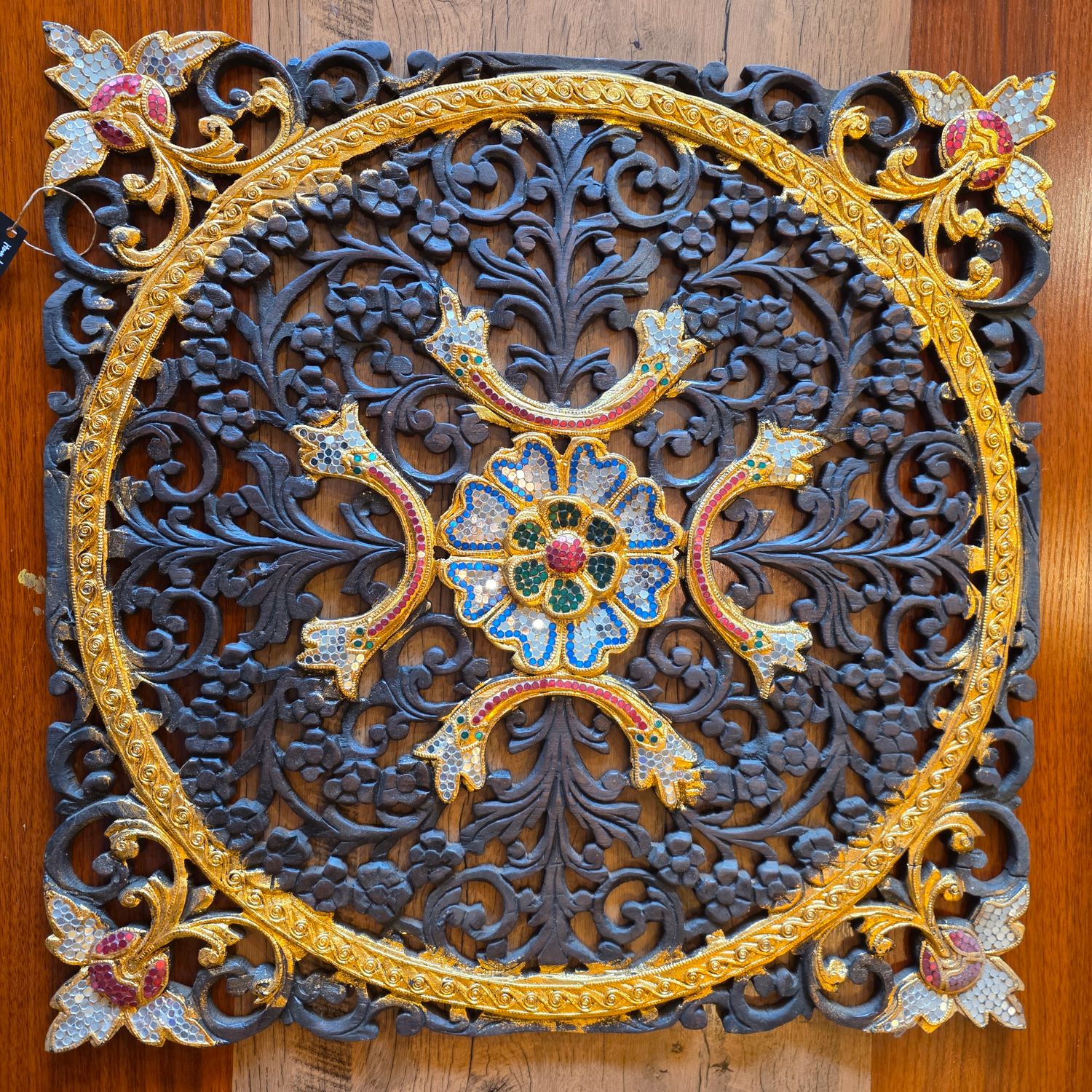 Handcrafted Wooden Wall Panel – Floral Mosaic inlay B 60 cm