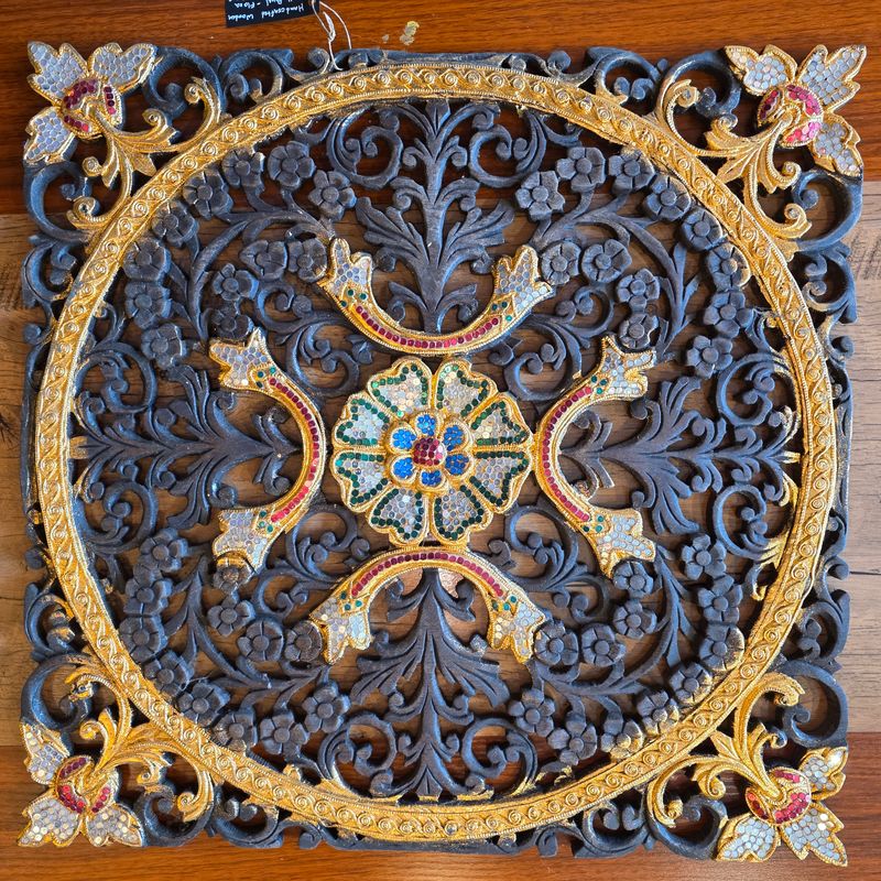 Hand carved Wooden Wall Plaque – Floral Mosaic inlay C 60 cm