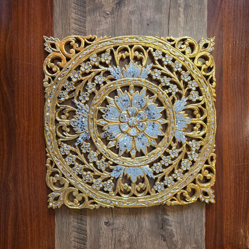 Hand carved Wooden Wall Plaque – Floral Mosaic inlay A 45 cm