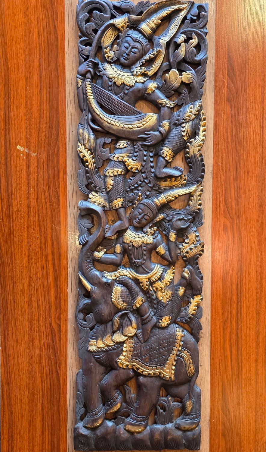 Hand carved Wooden Decor Plaque – Celestial figure playing music A