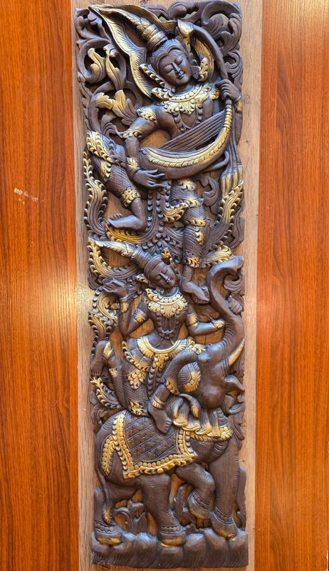 Hand carved Wooden Decor Plaque – Celestial figure playing music B
