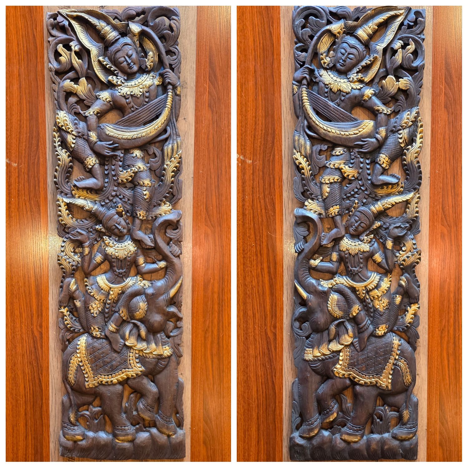 Hand carved Wooden Decor Plaque set of 2– Celestial figure playing music