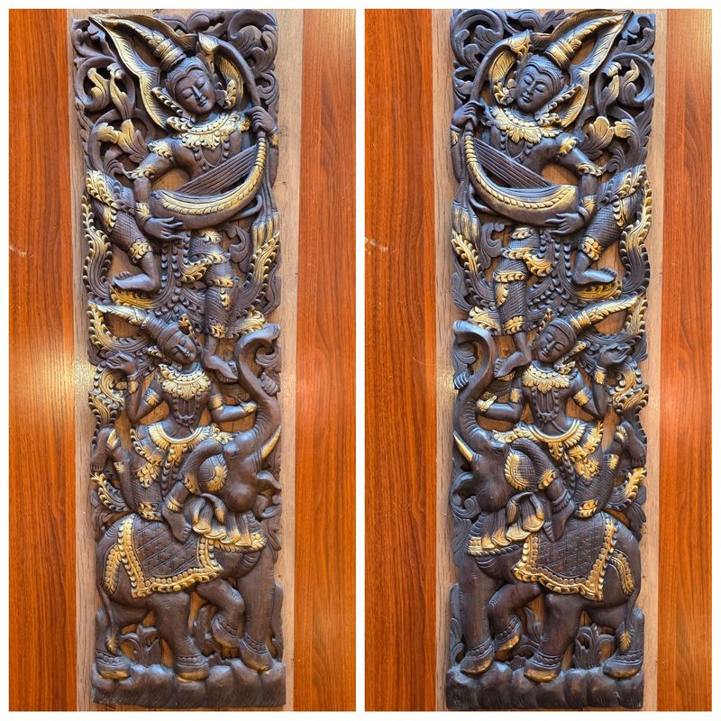 Hand carved Wooden Decor Plaque set of 2– Celestial figure playing music