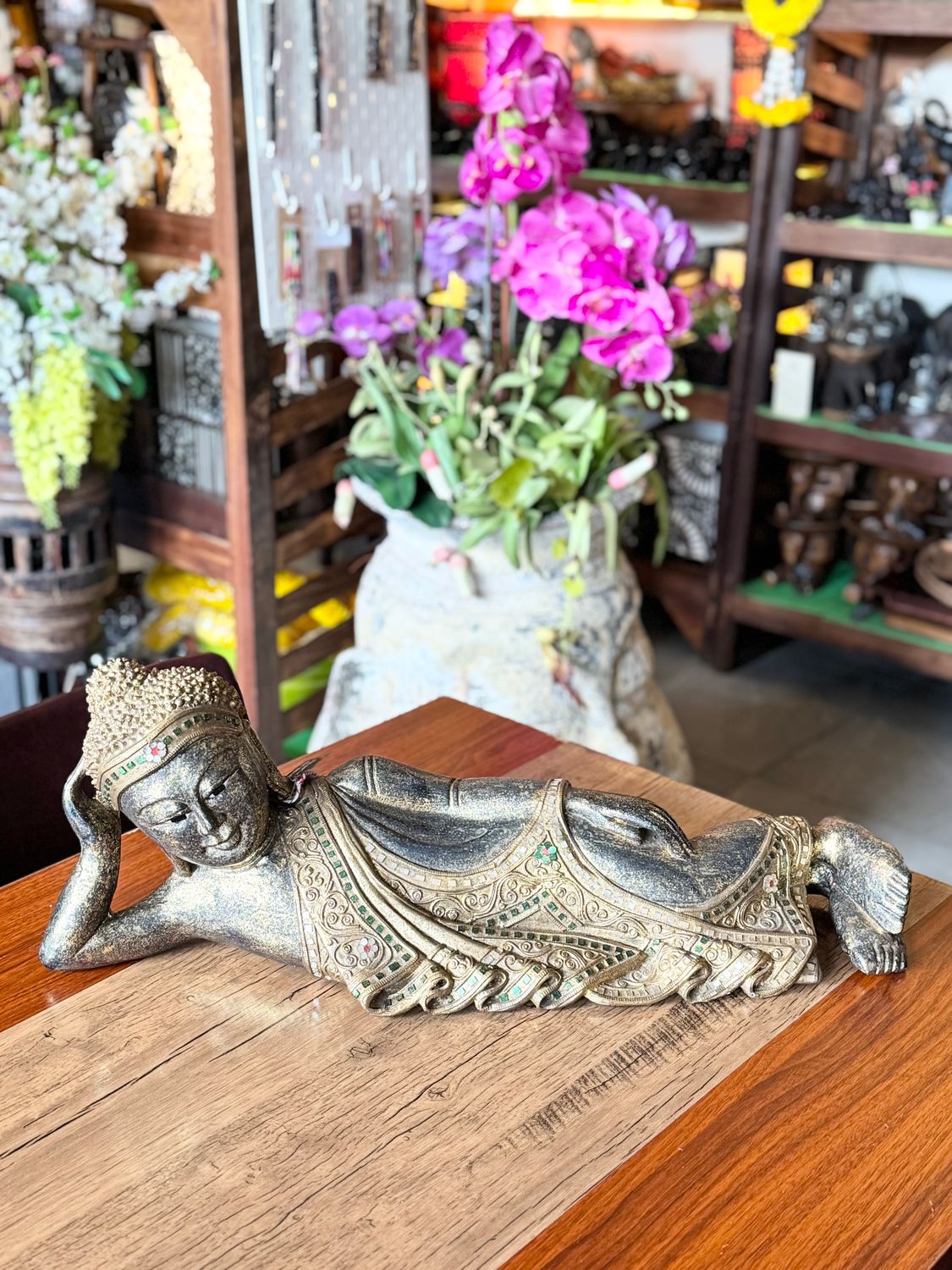 Hand Carved Wooden Reclining Buddha