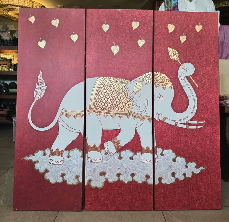 Triple-canvas Art - White royal elephant on red tone