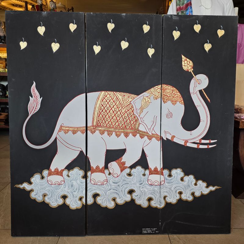 Triple-canvas Art - White royal elephant on black tone