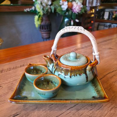 Handmade ceramic Tea Set - Green/Brown
