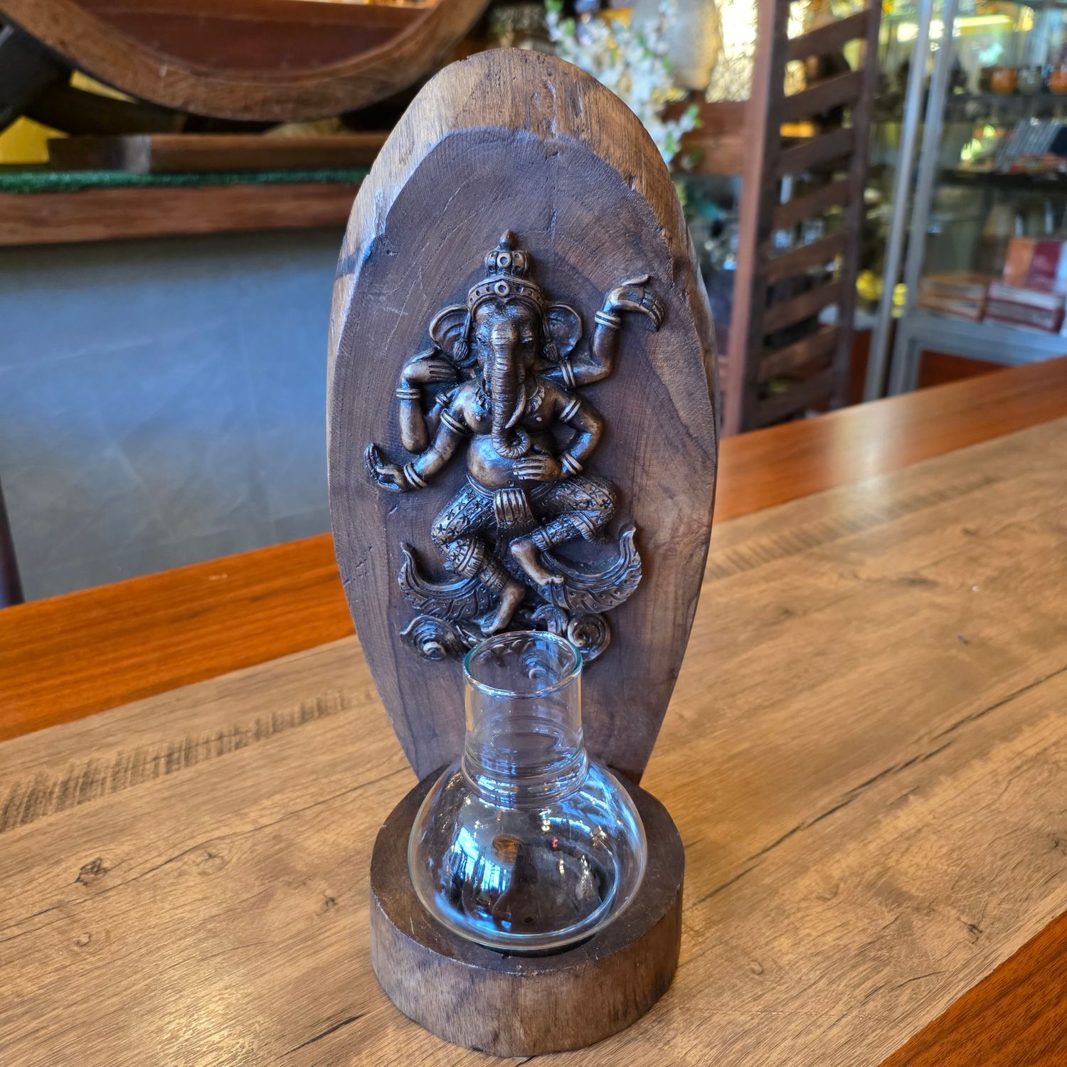 Wood carved Ganesh Candle holder - B