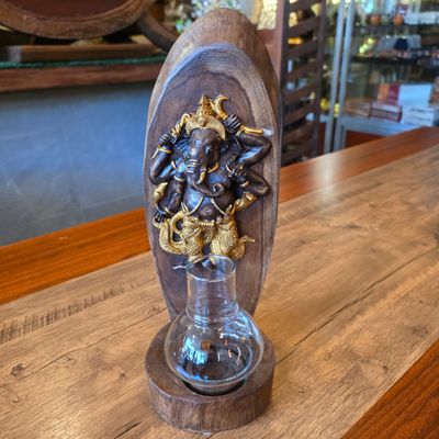 Wood carved Ganesh Candle holder - Gold painted B