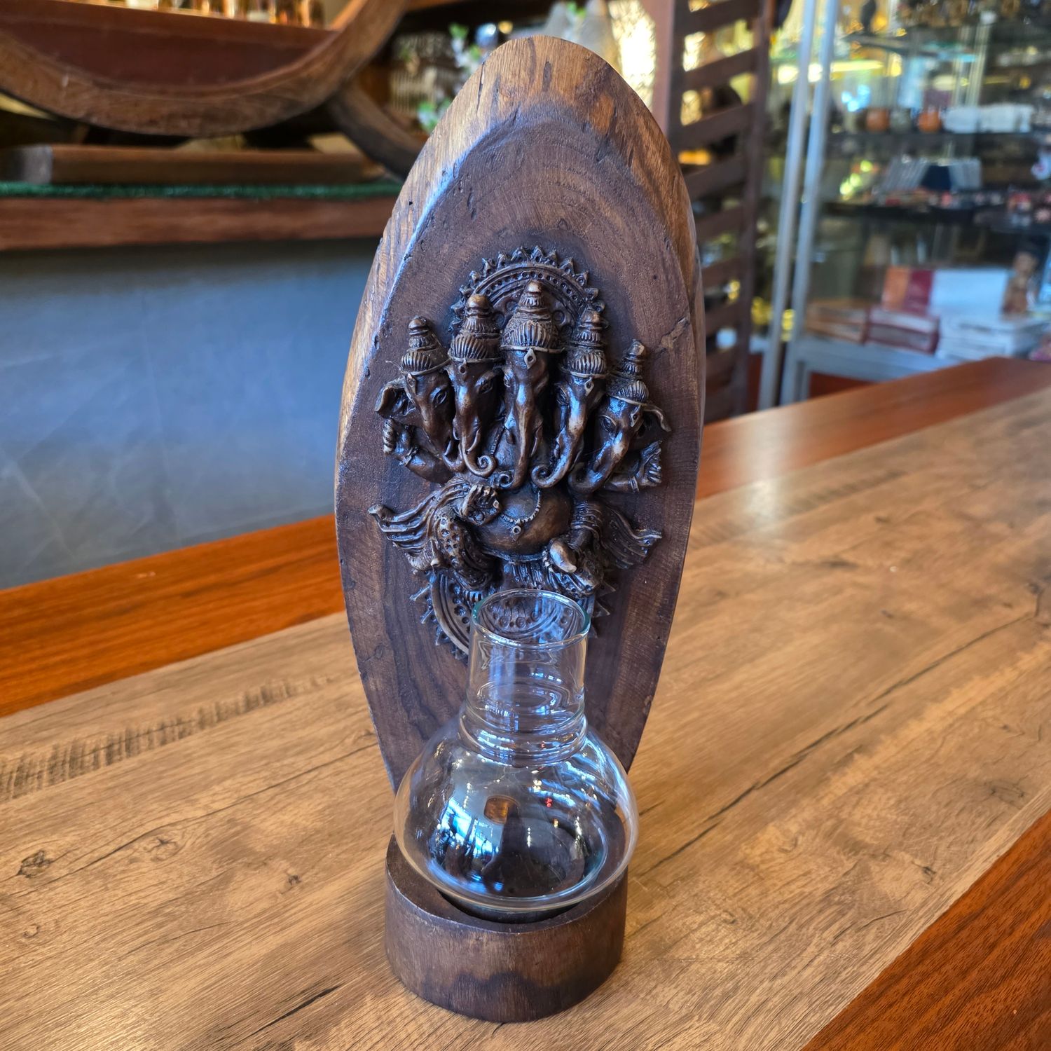 Wood carved Ganesh Candle holder - A