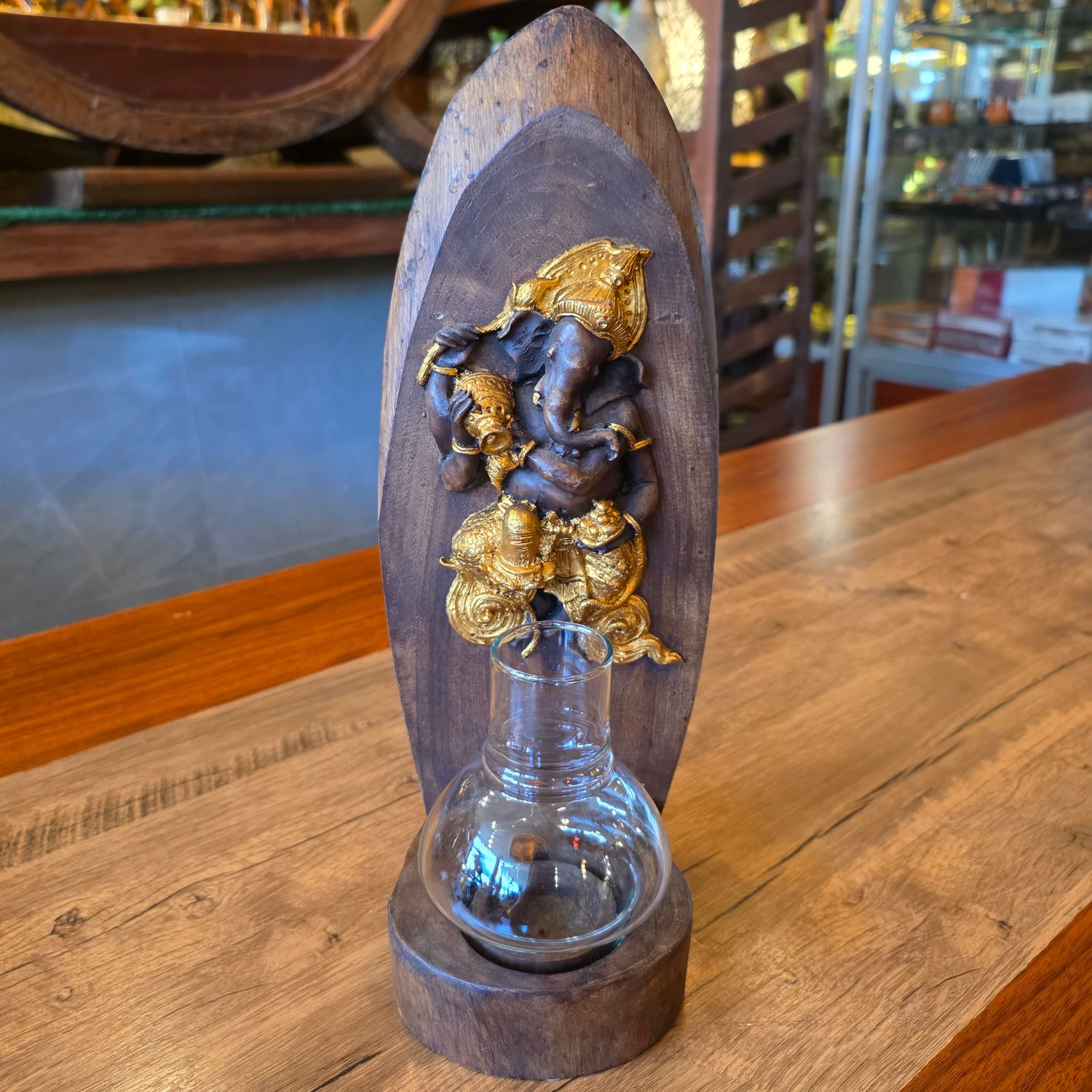 Wood carved Ganesh Candle holder - Gold painted A