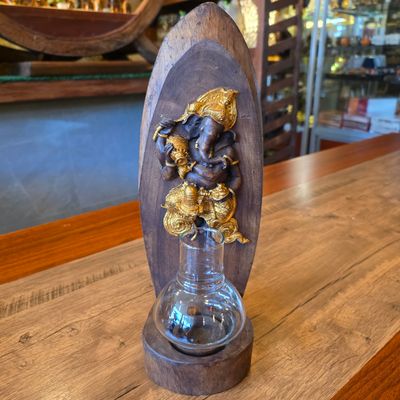 Wood carved Ganesh Candle holder - Gold painted A