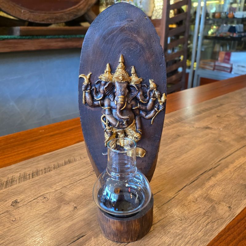 Wood carved Ganesh Candle holder - Gold painted D