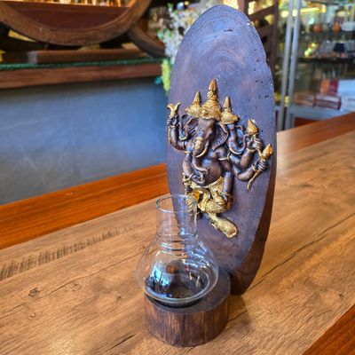 Wood carved Ganesh Candle holder - Gold painted D