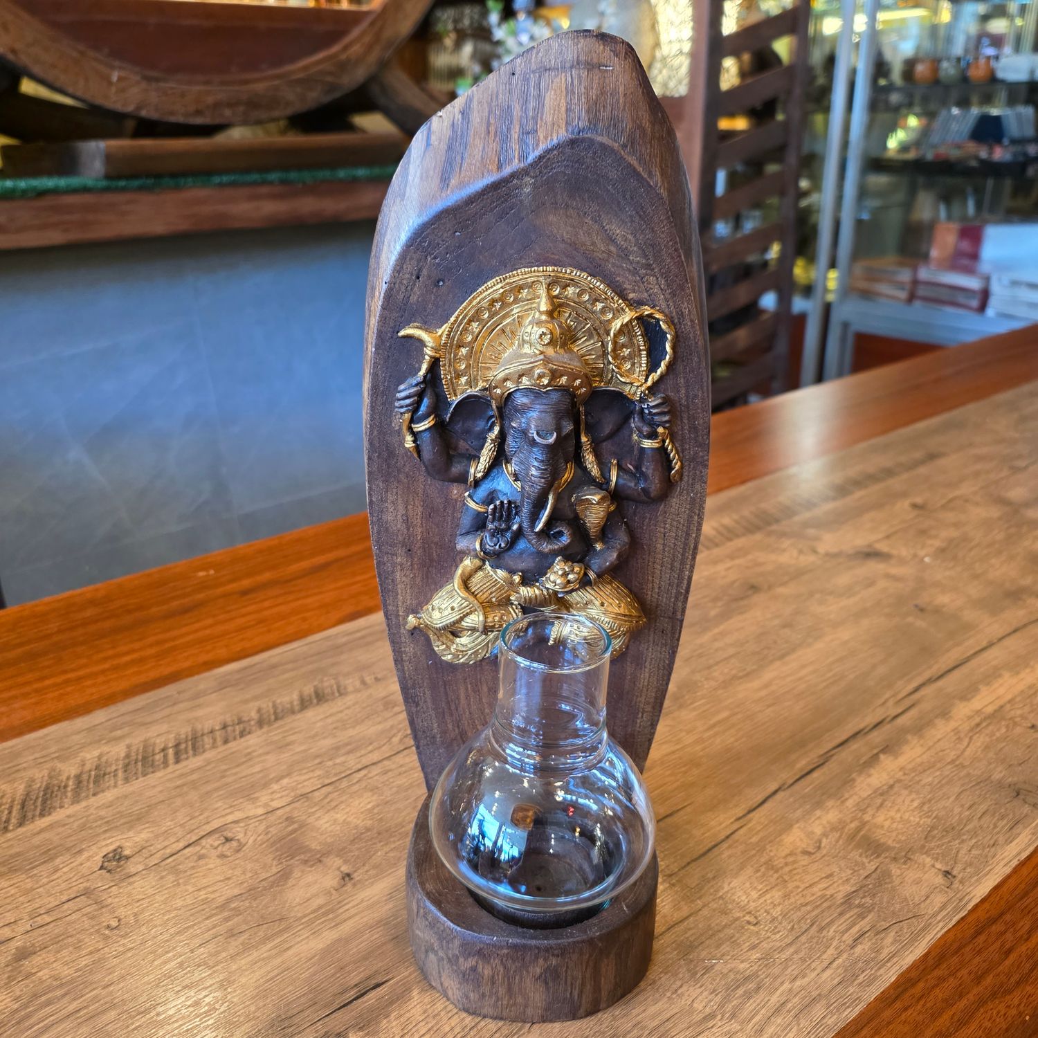 Wood carved Ganesh Candle holder - Gold painted F