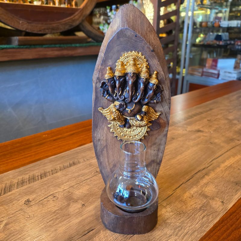 Wood carved Ganesh Candle holder - Gold painted C