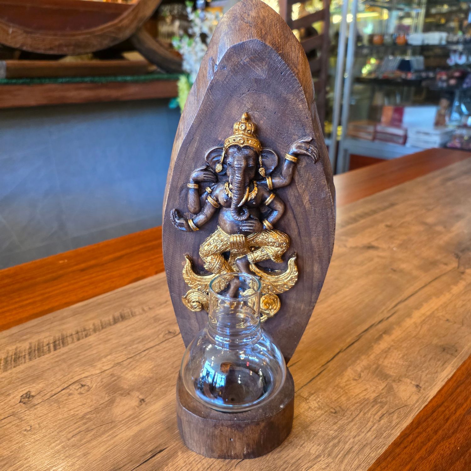 Wood carved Ganesh Candle holder - Gold painted E