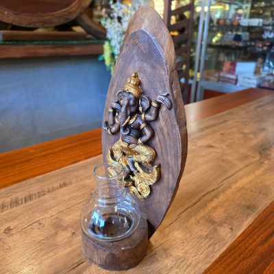 Wood carved Ganesh Candle holder - Gold painted E