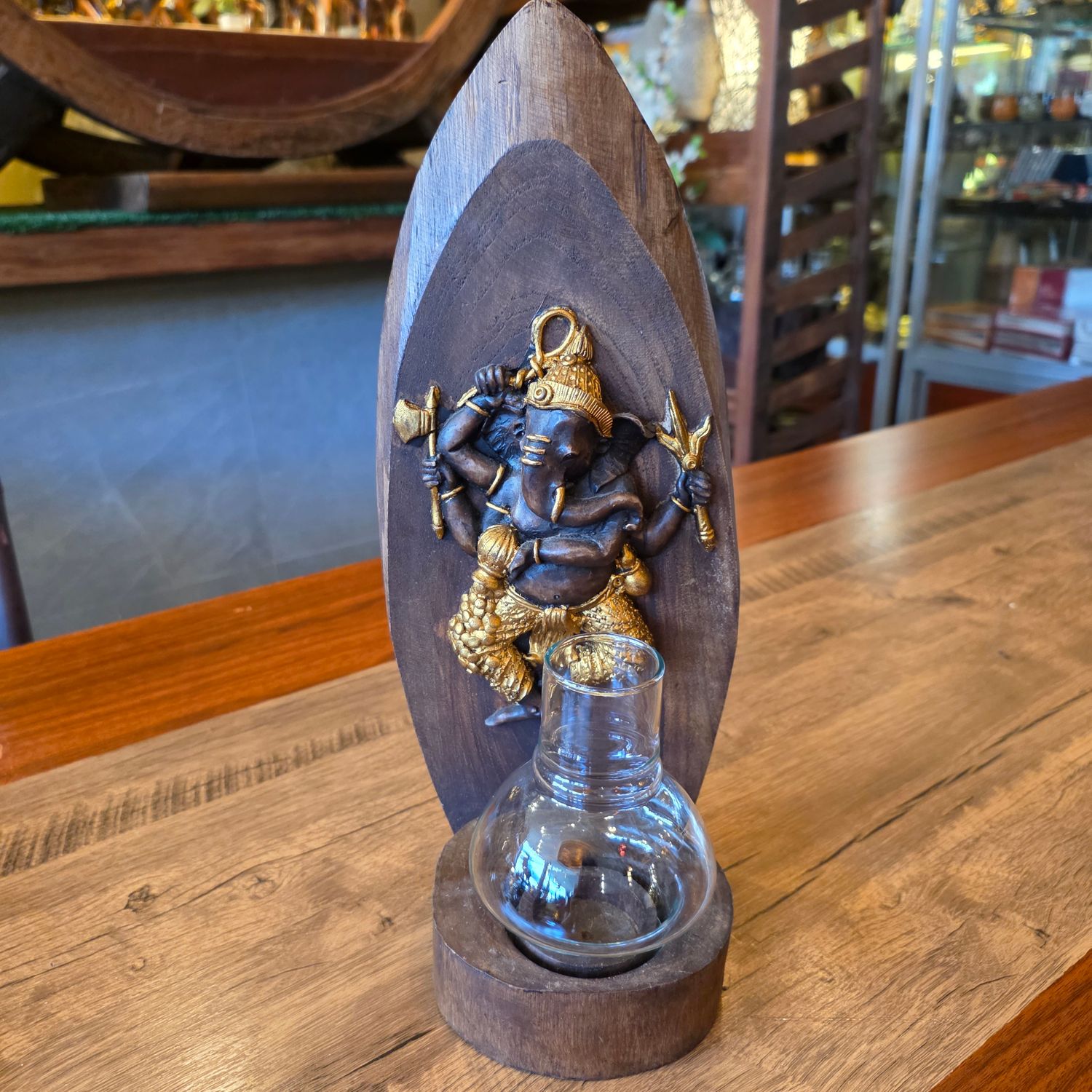 Wood carved Ganesh Candle holder - Gold painted G