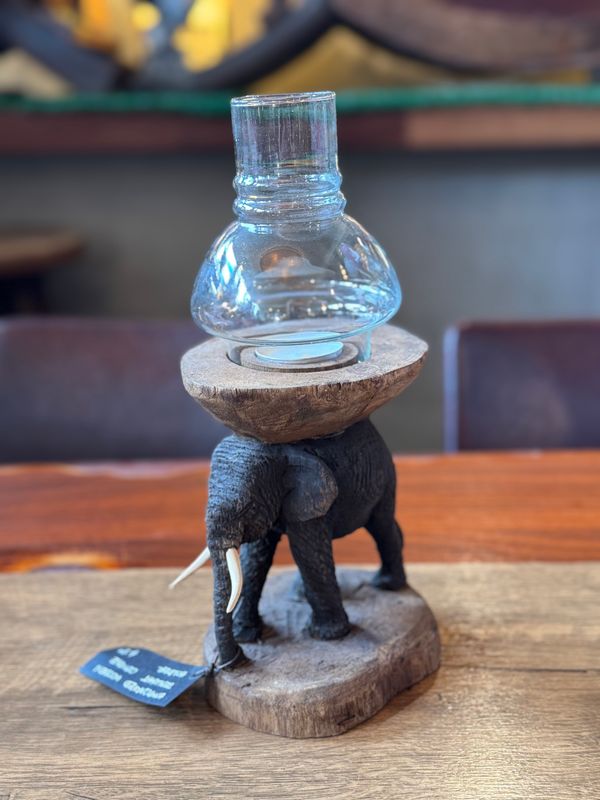 Hand Carved Wooden Thai Elephant Tea Light Candle Holder
