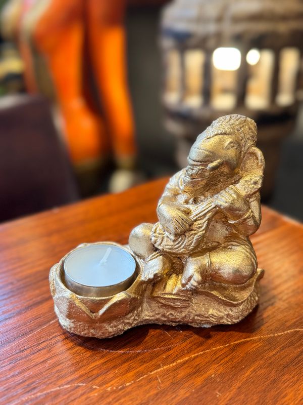 Lord Ganesh Tea Light Candle Holder, Sandstone, Gold