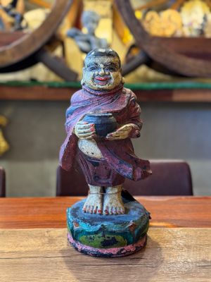 Hand Carved Wooden Monk Holding Alms Bowl (B)