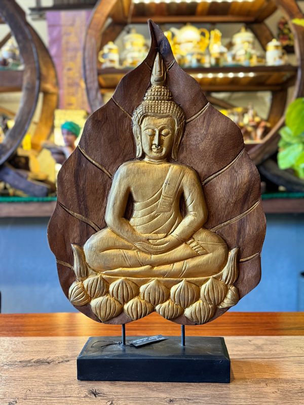 Hand Carved Wooden Pho Leaf with Buddha