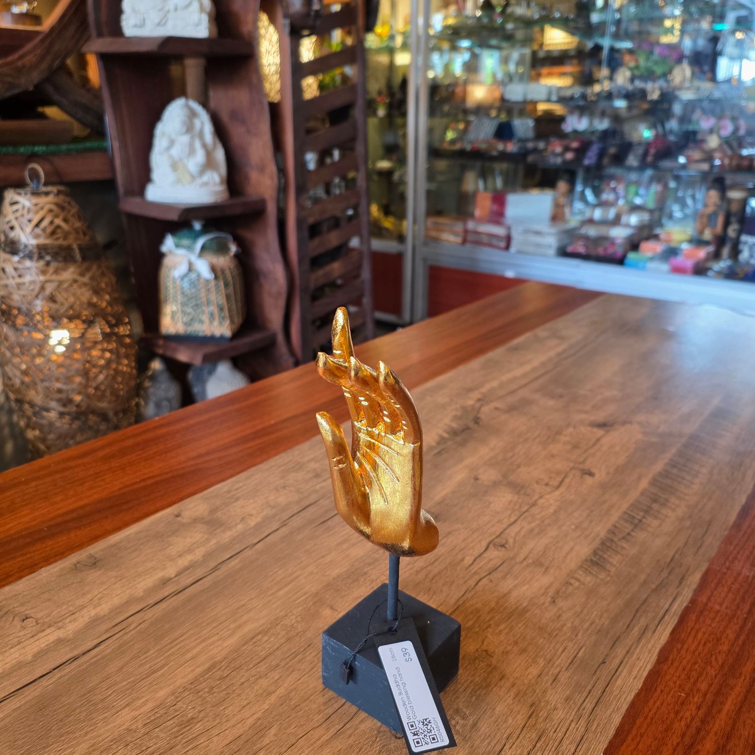 Wooden Buddha Gold Blessing Hand 15cm