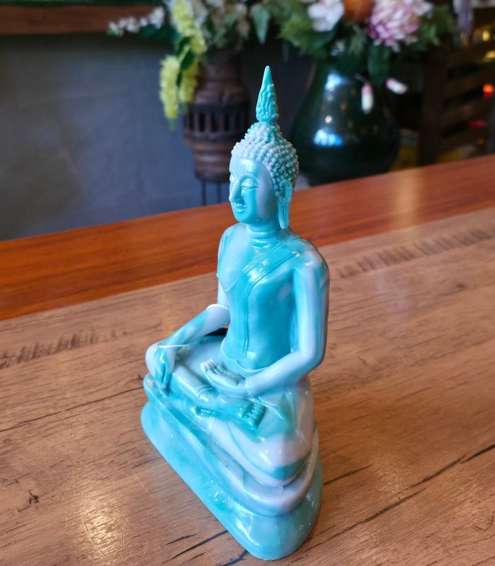 Two-toned resin Buddha Victory over Mara Posture - 21cm