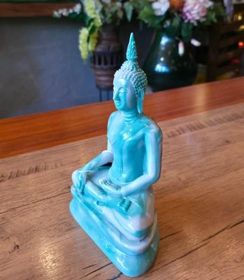 Two-toned resin Buddha Victory over Mara Posture - 21cm