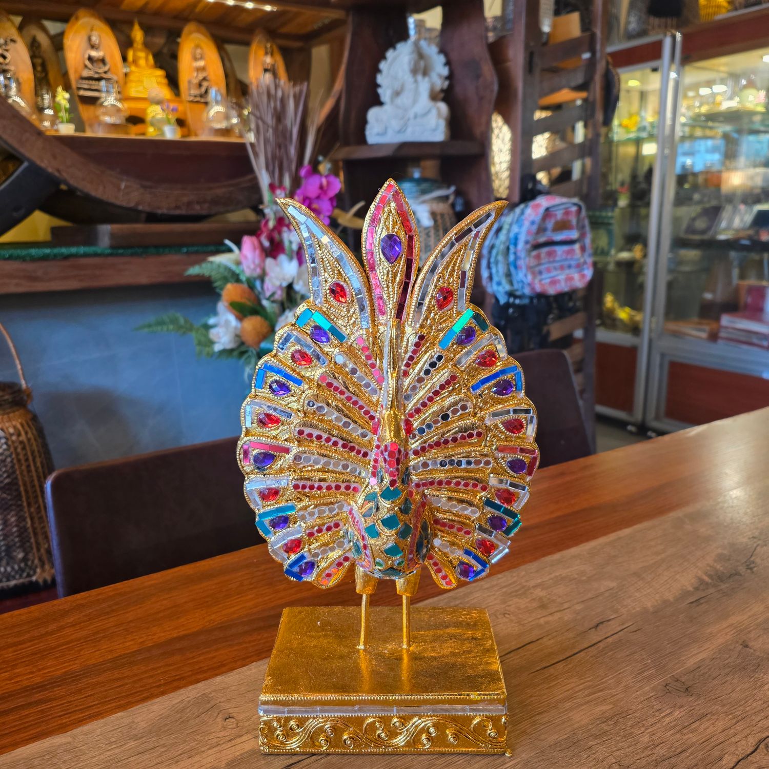 Hand Carved Peacock Statue 36cm - A