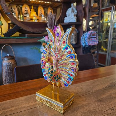 Hand Carved Peacock Statue 36cm - A