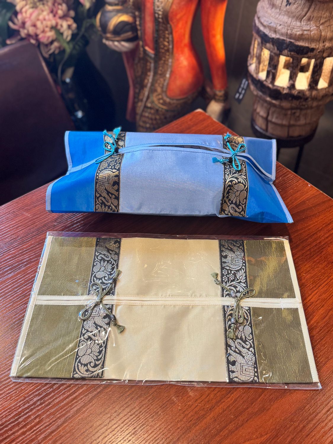 Thai Silk Tissue Box Cover - Green&amp;Yellow (A)