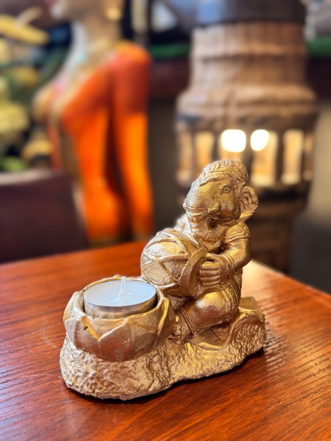 Lord Ganesh Tea Light Candle Holder, Sandstone, Gold (B)