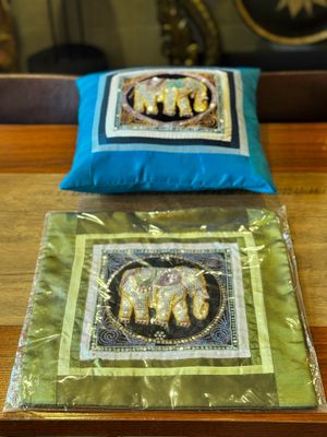 Thai Silk Cushion Cover - Elephant Embroidery - Green