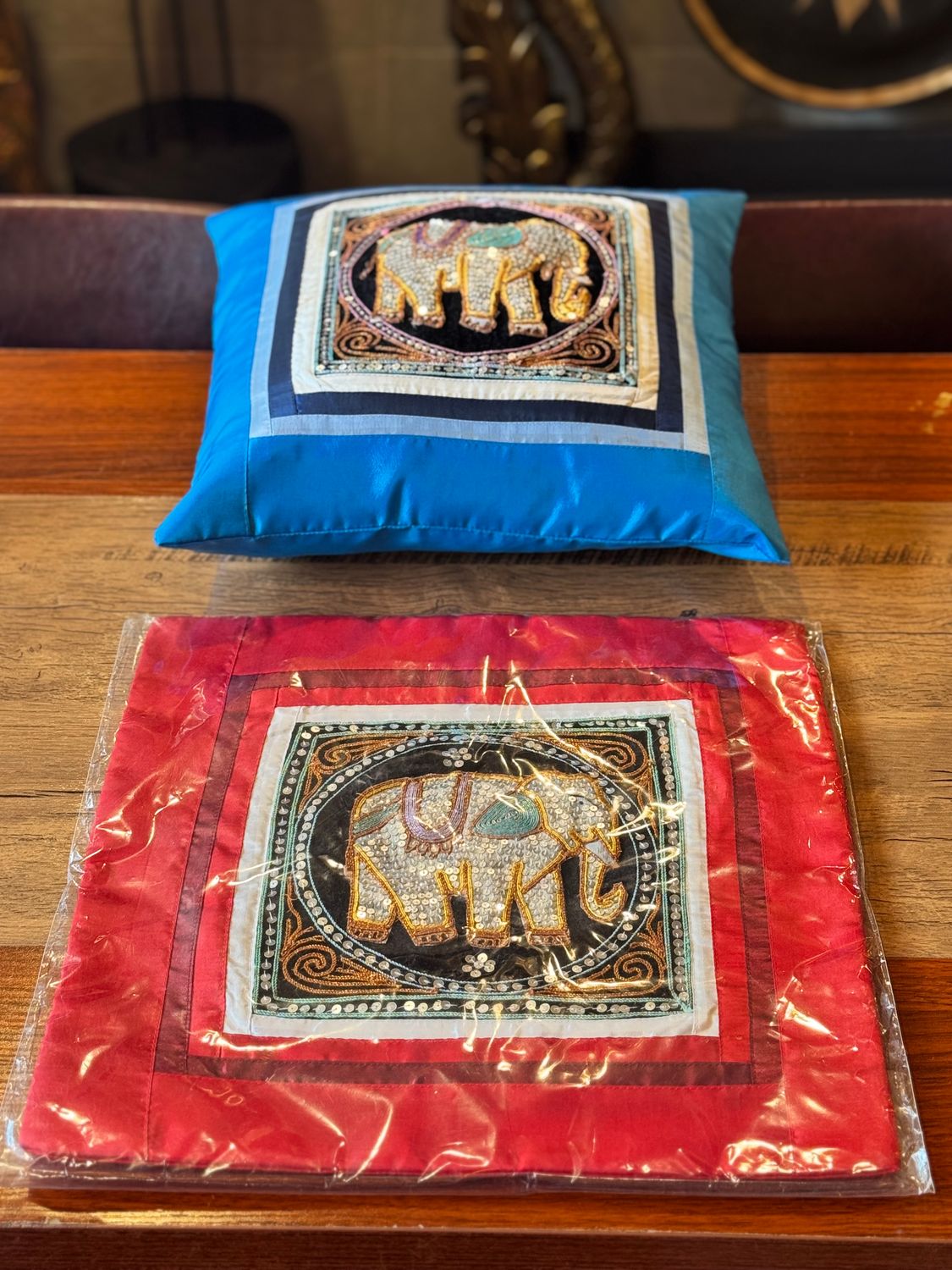 Thai Silk Cushion Cover - Elephant Embroidery - Red