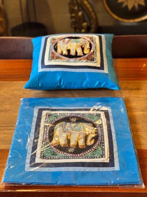Thai Silk Cushion Cover - Elephant Embroidery - Blue