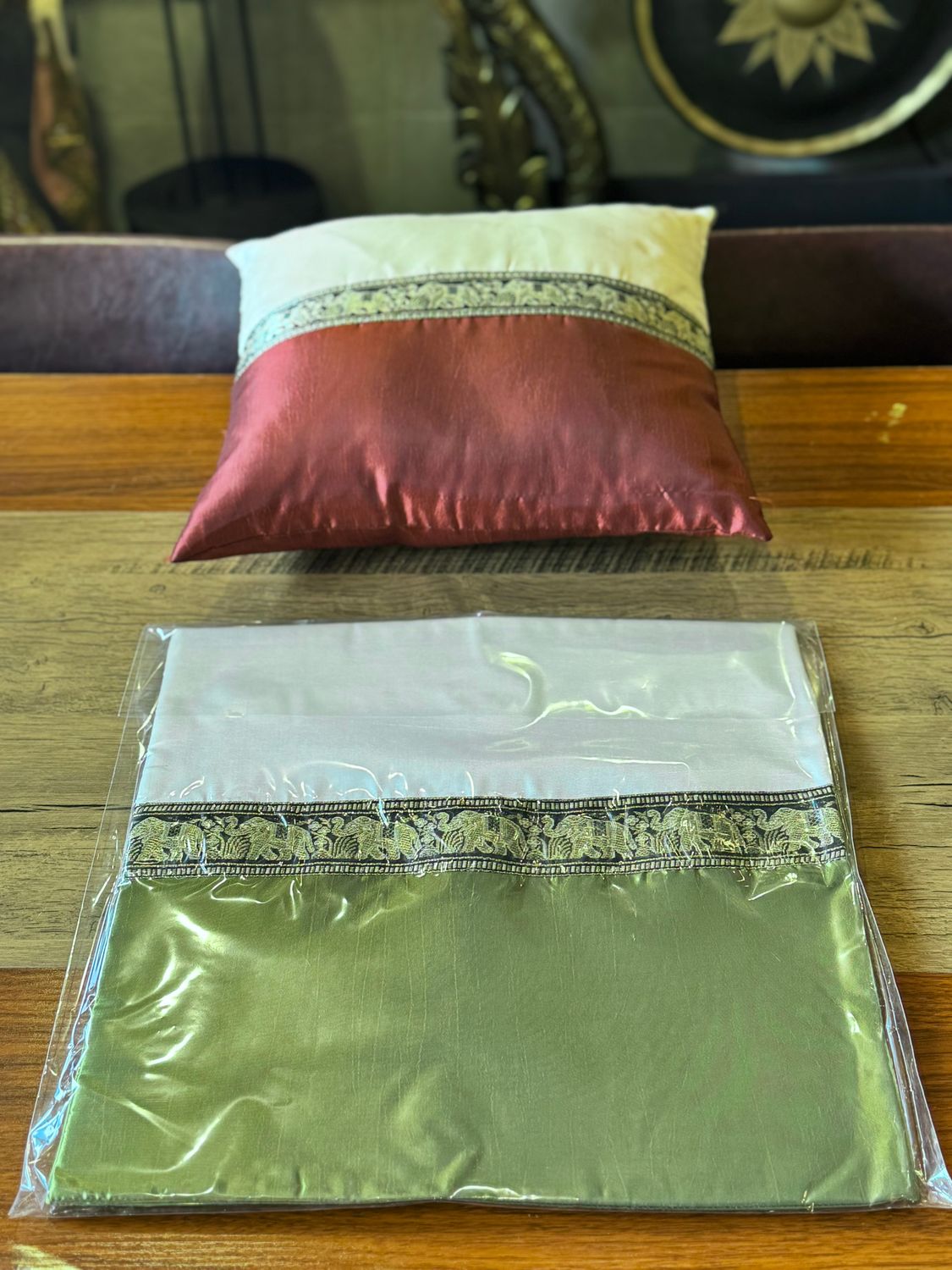 Thai Silk Cushion Cover - Green&amp;White