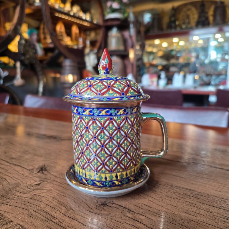 Thai Benjarong Porcelain Tea Mug with Lid &amp; Saucer - A