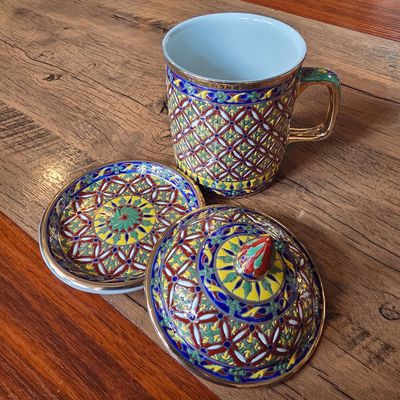 Thai Benjarong Porcelain Tea Mug with Lid &amp; Saucer - A